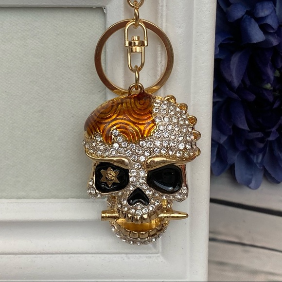 Black & Gold Crystal Pirate Skull Keychain - Picture 3 of 16